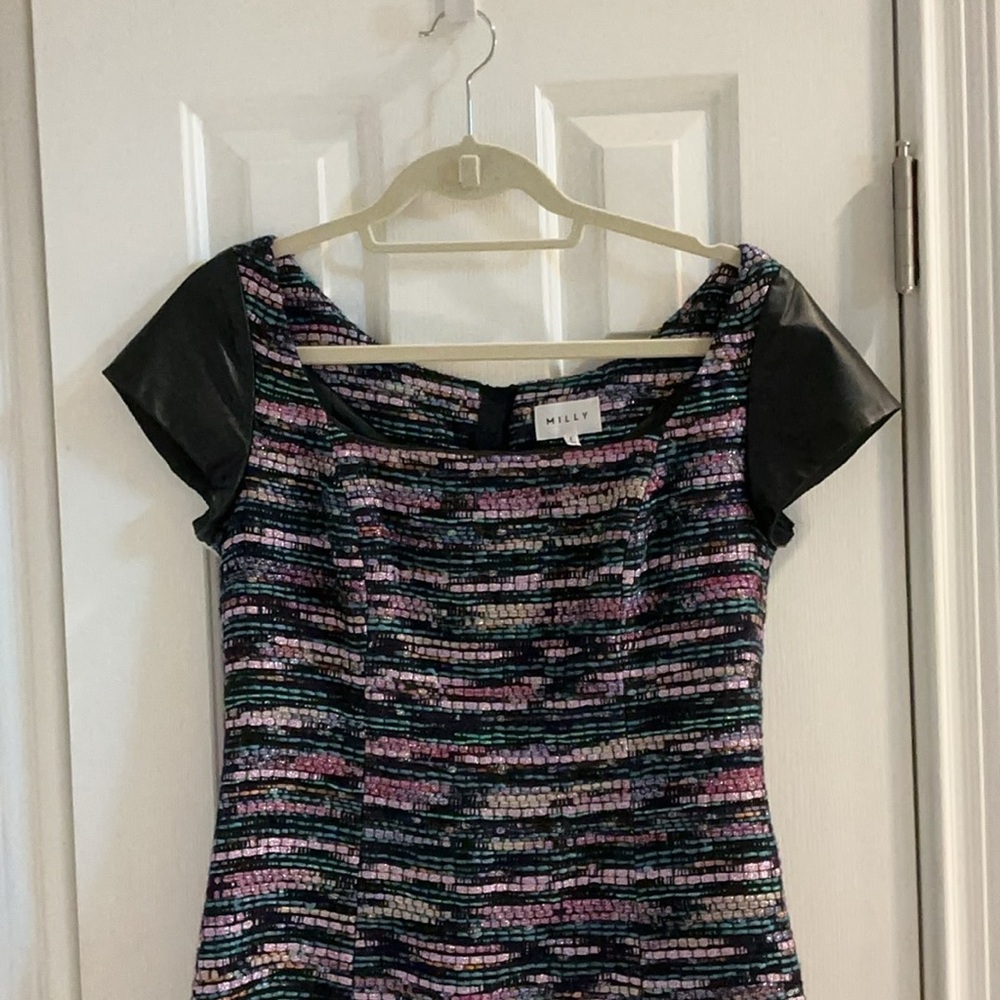Milly Multicolor Tweed Metallic Striped Dress w/ Black Leather Sleeves